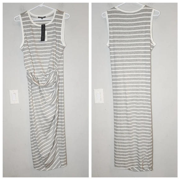 NWT Michael Stars Grey White Stripe Twist Front Sleeveless Midi Maxi Dress Sz M. - Picture 5 of 11